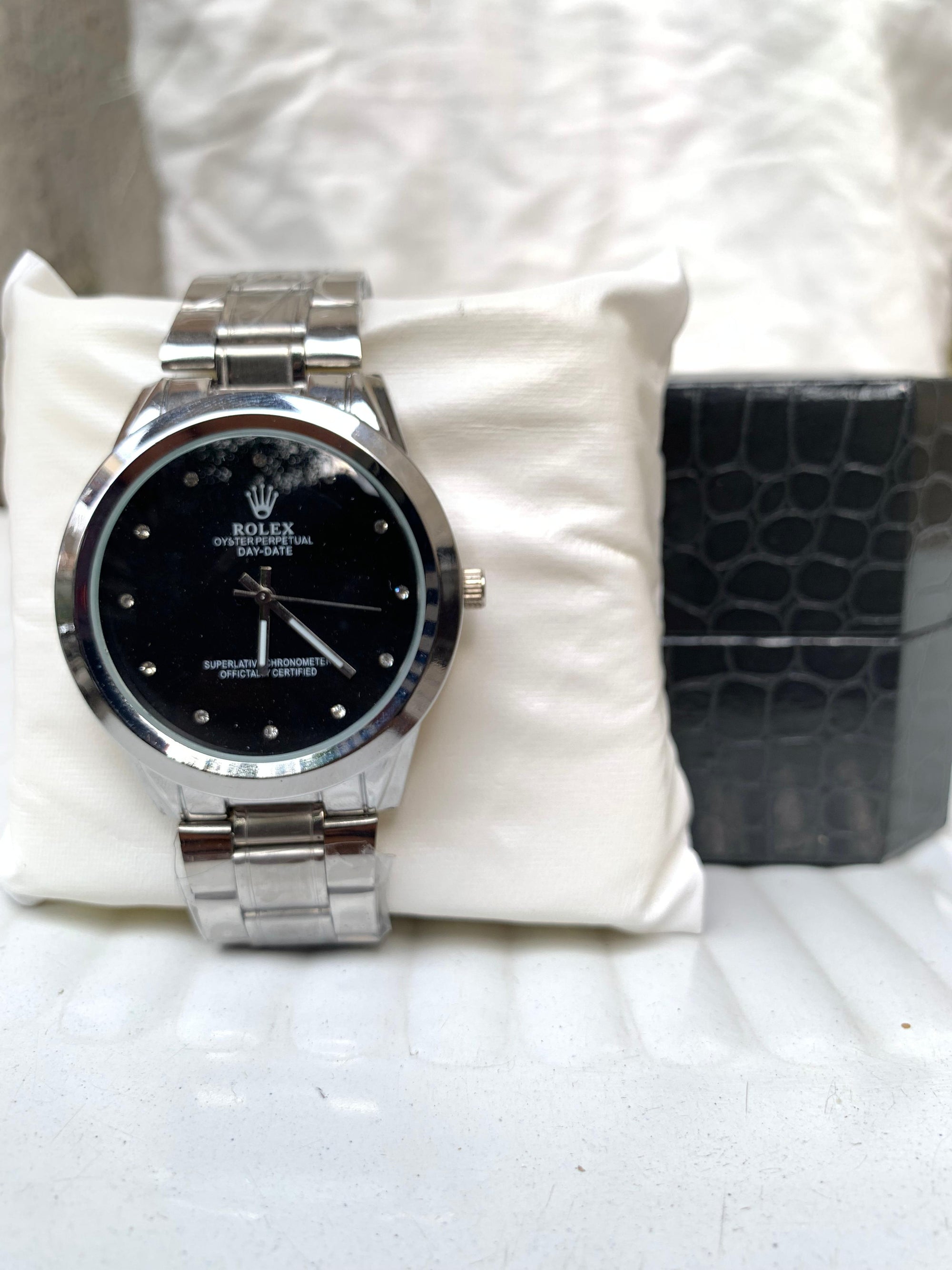 Rolex Day-Date – Black Dial, Stainless Steel Bracelet