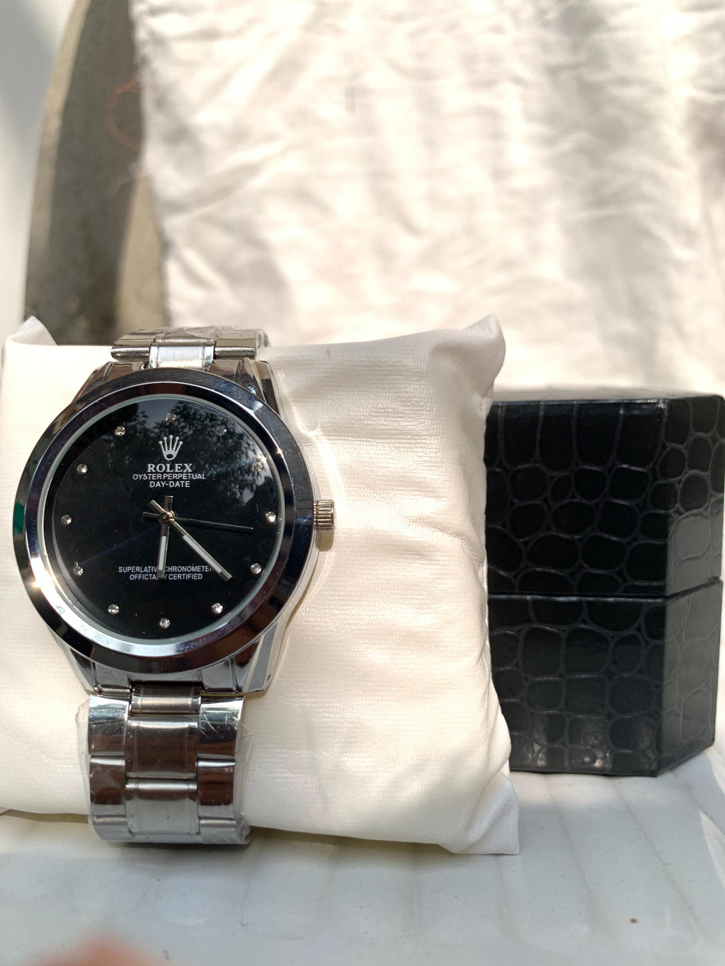 Rolex Day-Date – Black Dial, Stainless Steel Bracelet