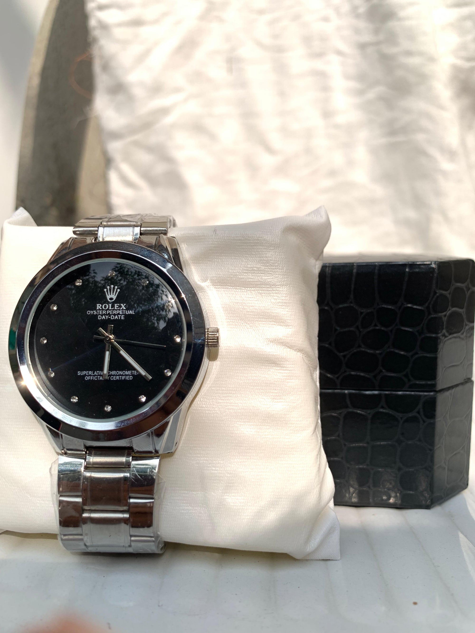 Rolex Day-Date – Black Dial, Stainless Steel Bracelet