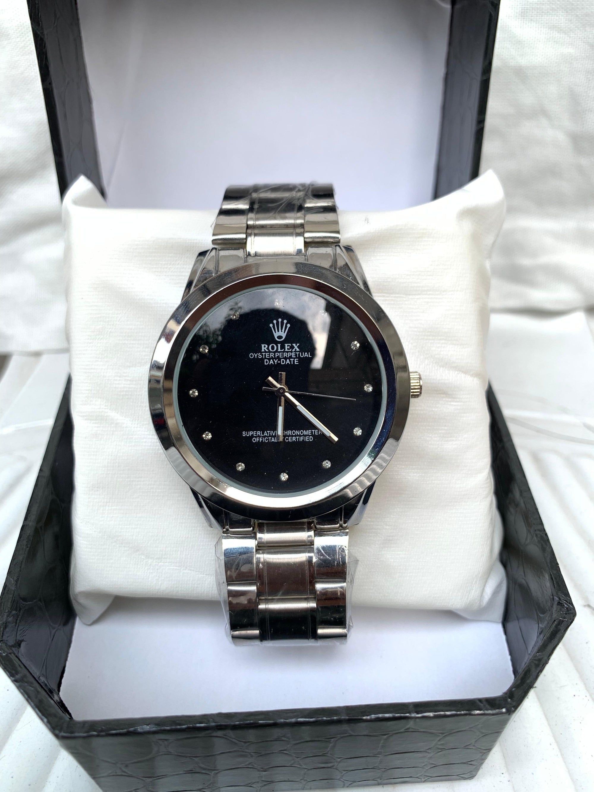 Rolex Day-Date – Black Dial, Stainless Steel Bracelet