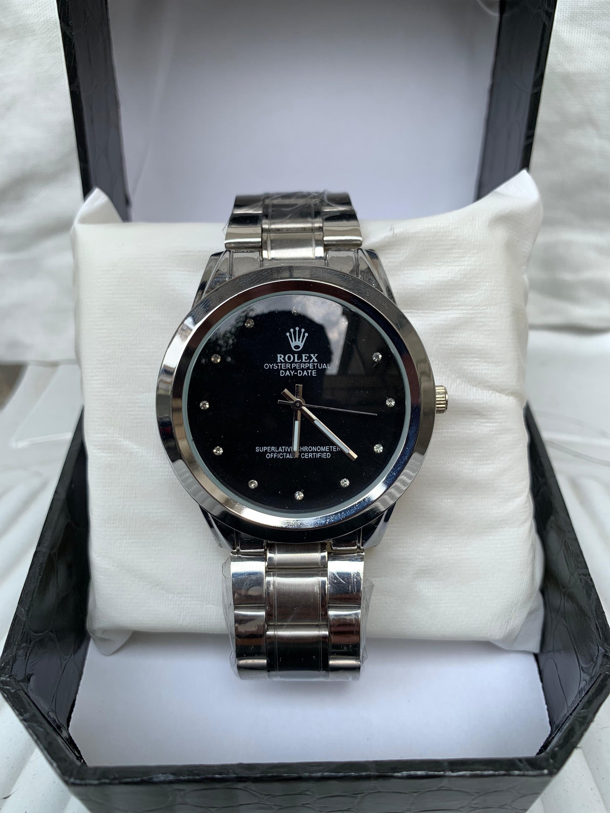 Rolex Day-Date – Black Dial, Stainless Steel Bracelet